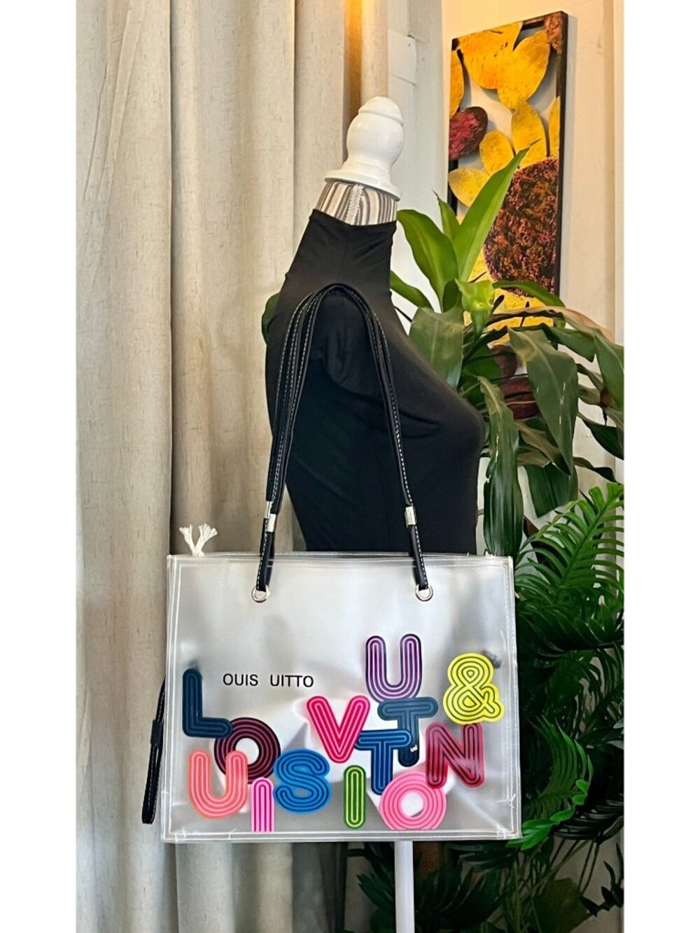 Clear Tote Bag With White Drawstring Pouch & Colorful Lettering Design